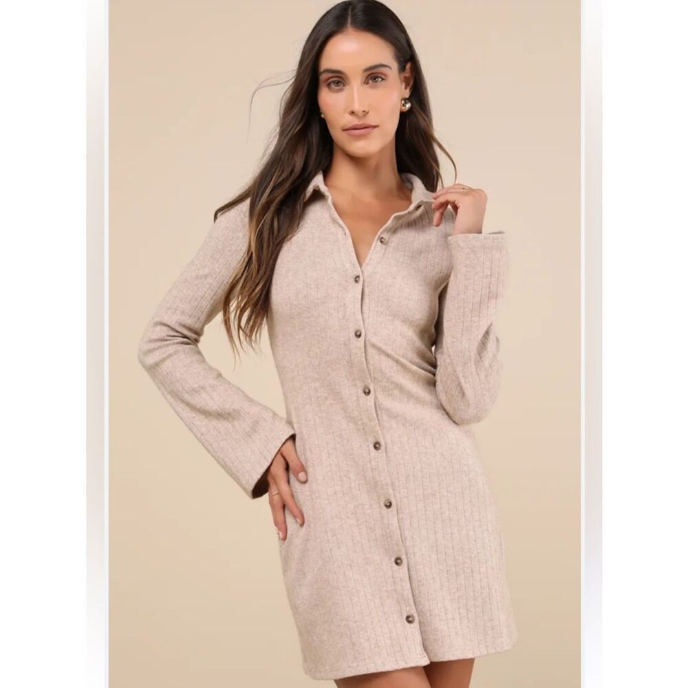 Lulus XL Cuddly Sweetness heather beige button long sleeve sweater mini dress